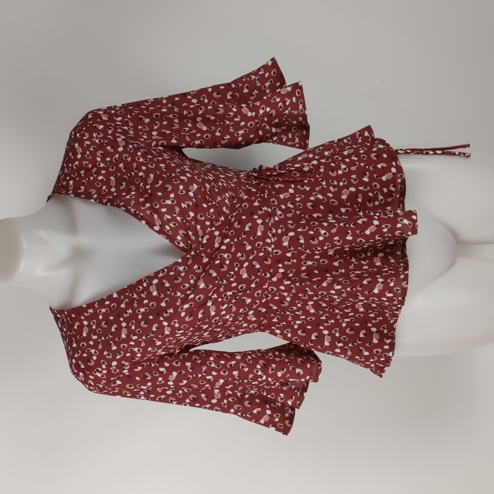 Ava Women's Top Size 8 Maroon Wrap 3/4 Ruffle Sleeves Peplum Tie-up Waist NEW - Picture 2 of 13